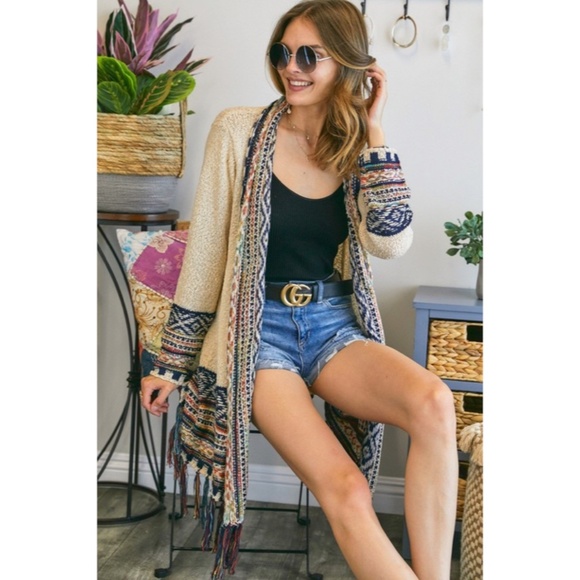 SOLD OUT Ivory Bohemian Tribal Aztec Print Fringe Open Front Cardigan Knit - Picture 3 of 6